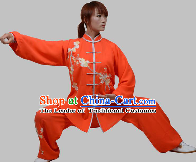 Top Grade China Martial Arts Costume Kung Fu Training Embroidery Plum Blossom Clothing, Chinese Embroidery Tai Ji Red Uniform Gongfu Wushu Costume for Women