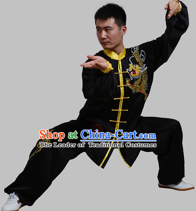 Top Grade China Martial Arts Costume Kung Fu Training Embroidery Black Clothing, Chinese Embroidery Dragon Tai Ji Uniform Gongfu Wushu Costume for Men