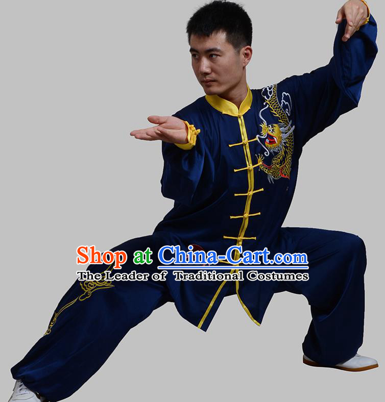 Top Grade China Martial Arts Costume Kung Fu Training Embroidery Blue Clothing, Chinese Embroidery Dragon Tai Ji Uniform Gongfu Wushu Costume for Men