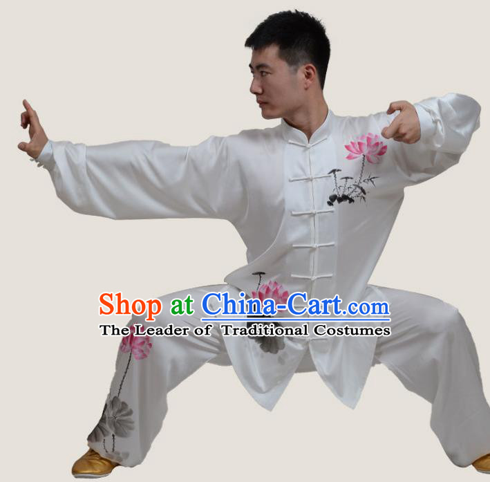 Top Grade China Martial Arts Costume Kung Fu Training Ink Painting Lotus Clothing, Chinese Tai Ji Uniform Gongfu Wushu Costume for Men
