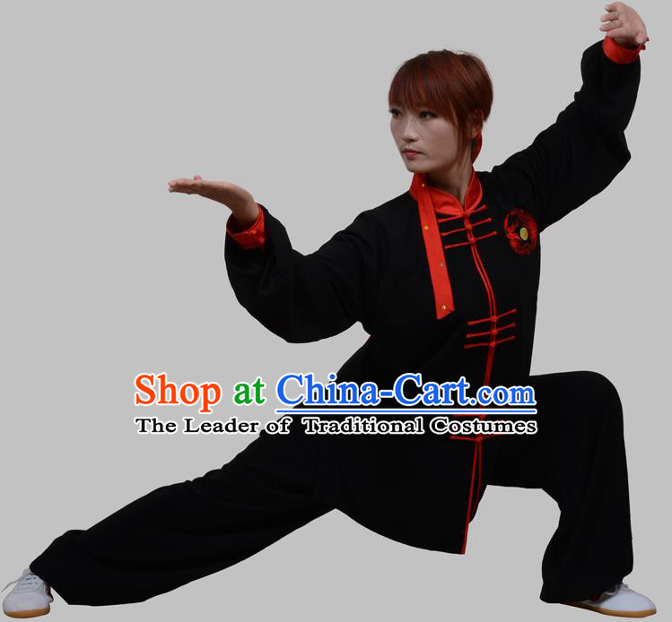 Top Grade China Martial Arts Costume Kung Fu Training Red Plated Buttons Clothing, Chinese Embroidery Tai Ji Black Uniform Gongfu Wushu Costume for Women for Men