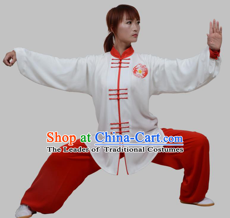 Top Grade China Martial Arts Costume Kung Fu Training Plated Buttons Clothing, Chinese Embroidery Tai Ji White Uniform Gongfu Wushu Costume for Women for Men