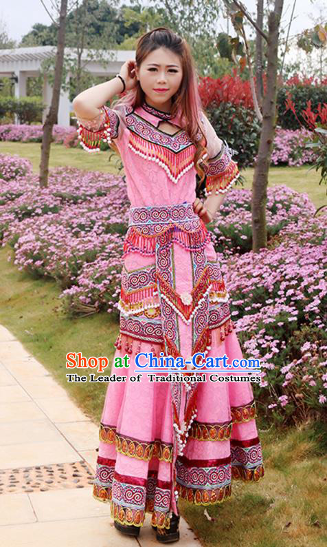 Traditional Chinese Miao Nationality Wedding Veil Costume Embroidered Pink Dress, Hmong Folk Dance Ethnic Chinese Minority Nationality Embroidery Clothing for Women