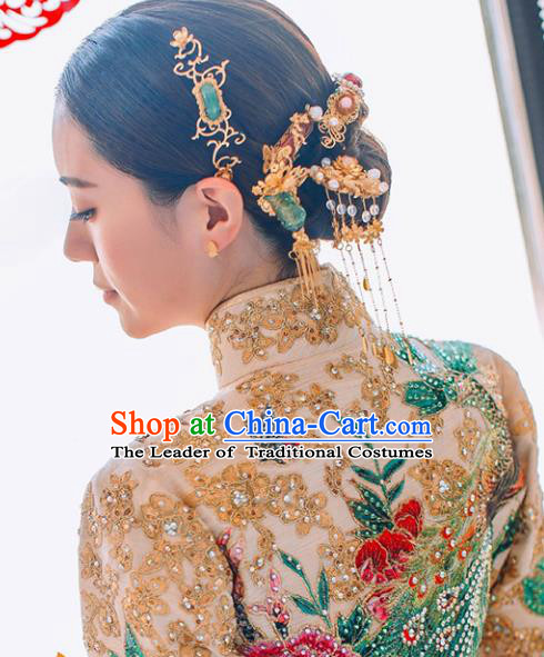 Traditional Handmade Chinese Ancient Classical Hair Accessories Bride Wedding Barrettes Hairpins Phoenix Coronet Complete Set, Hair Sticks Hair Jewellery for Women