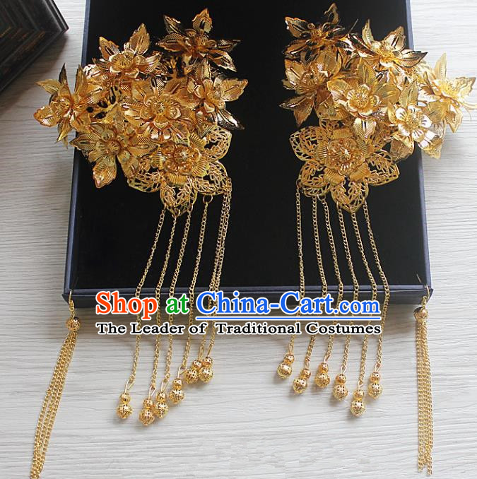 Traditional Handmade Chinese Ancient Classical Hair Accessories Barrettes Xiuhe Suit Hairpin, Flowers Long Tassel Step Shake, Hanfu Hair Fascinators for Women