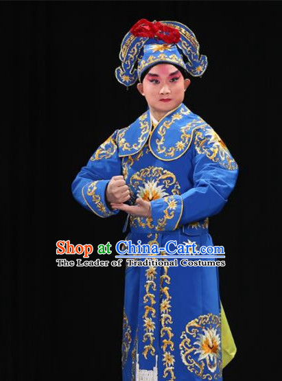 Traditional China Beijing Opera Takefu General Blue Costume and Boots, Ancient Chinese Peking Opera Wu-Sheng Warrior Embroidery Yellow Clothing