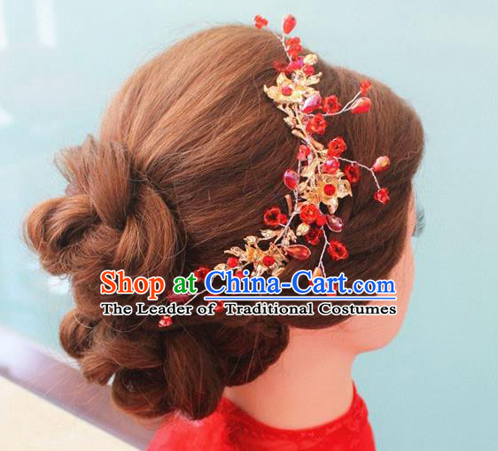 Traditional Handmade Chinese Ancient Classical Hair Accessories Barrettes Xiuhe Suit Red Beads Hair Clasp, Hanfu Hair Fascinators for Women