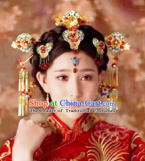 Traditional Handmade Chinese Ancient Classical Hair Accessories Barrettes Xiuhe Suit Cloisonne Phoenix Coronet Complete Set, Tassel Step Shake Hanfu Hair Fascinators for Women