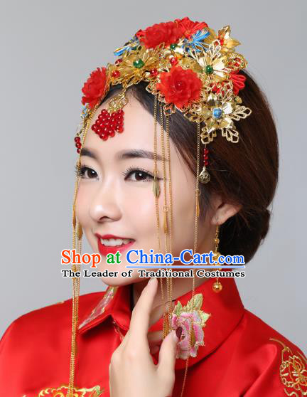 Traditional Handmade Chinese Ancient Classical Hair Accessories Barrettes Xiuhe Suit Cheongsam Red Flowers Golden Phoenix Coronet, Hanfu Hairpins Hair Fascinators for Women