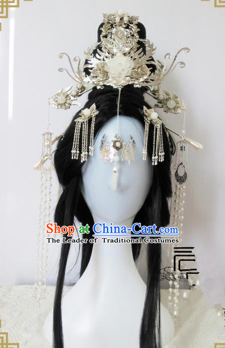 Traditional Handmade Chinese Ancient Classical Hair Accessories Complete Set Queen Phoenix Coronet, Hairpins Hair Sticks Hair Jewellery Hair Fascinators for Women