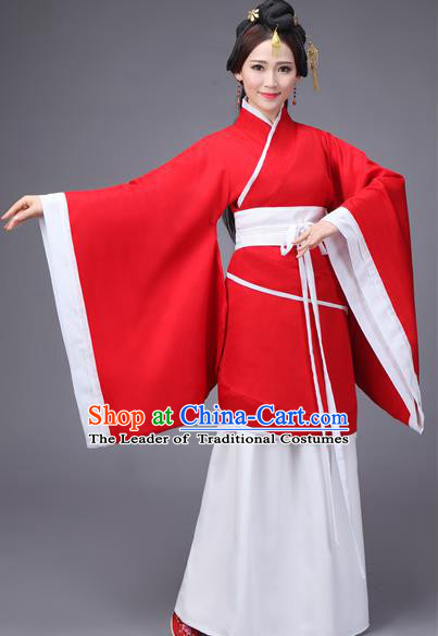 Traditional Chinese Hanfu Han Dynasty Princess Wedding Costume Red Curve Bottom, Elegant Hanfu Clothing Chinese Ancient Dress for Women