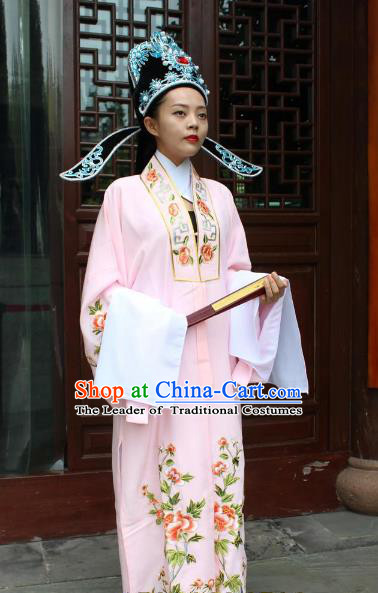 Top Grade Professional Beijing Opera Niche Costume Scholar Pink Embroidered Robe, Traditional Ancient Chinese Peking Opera Embroidery Gwanbok Clothing