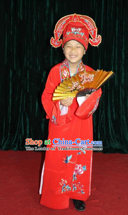 Top Grade Professional Beijing Opera Niche Costume Young Men Red Embroidered Robe, Traditional Ancient Chinese Peking Opera Scholar Embroidery Clothing for Kids