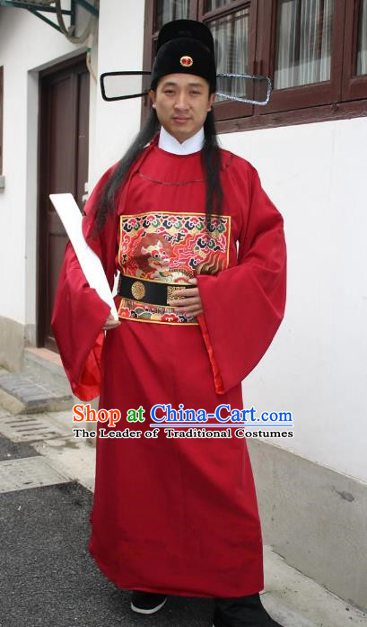 Top Grade Professional Beijing Opera Costume Ming Dynasty Minister Red Embroidered Robe, Traditional Ancient Chinese Peking Opera Embroidery Gwanbok Clothing