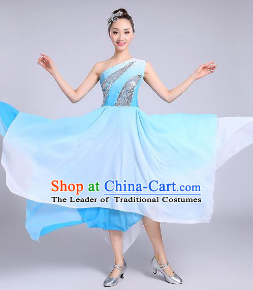 Traditional Chinese Modern Dance Yangge Fan Dance Costume, Chinese Classical Umbrella Dance Blue Dress Yangko Embroidery Clothing for Women