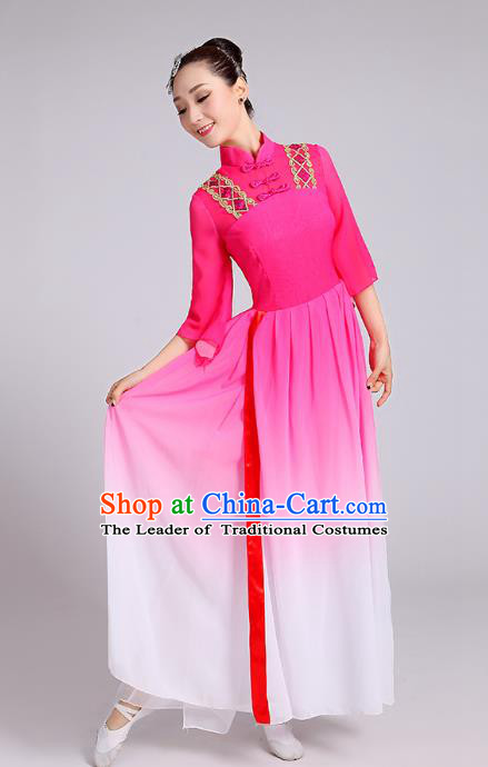 Traditional Chinese Yangge Fan Dance Costume, Chinese Classical Umbrella Dance Pink Chiffon Dress Yangko Embroidery Clothing for Women