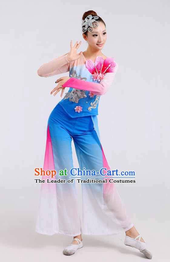 Traditional Chinese Folk Dance Costume Yangge Dance Blue Jasmine Flower Uniform, Chinese Classical Fan Dance Drum Dance Yangko Clothing for Women