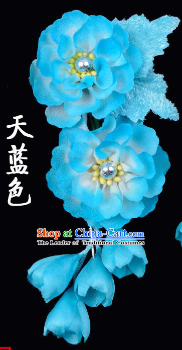 Traditional Beijing Opera Diva Hair Accessories Sky Blue Silk Flowers Hairpins, Ancient Chinese Peking Opera Hua Tan Hair Stick Headwear