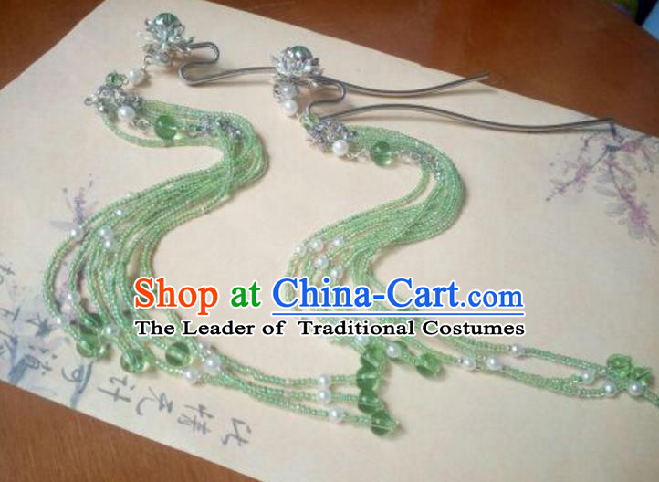 Traditional Chinese Ancient Classical Handmade Hair Accessories Green Beads Tassel Hairpin, Hanfu Hair Stick Hair Fascinators Hairpins for Women