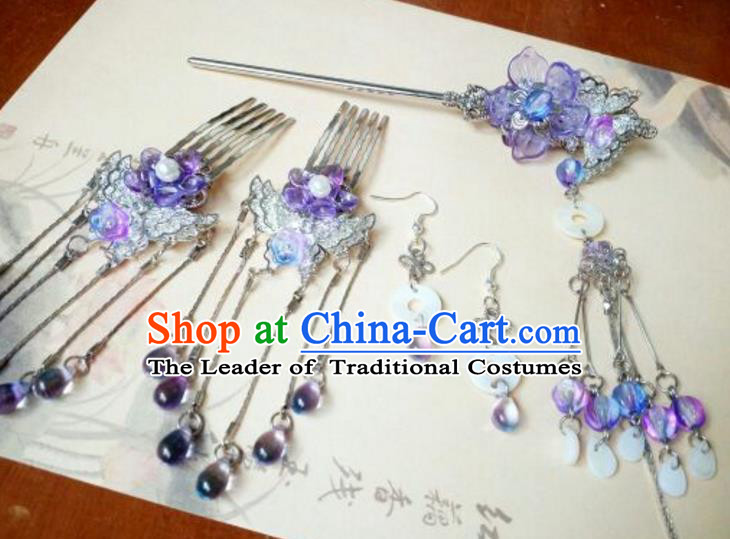 Traditional Chinese Ancient Classical Handmade Hair Accessories Purple Flowers Tassel Hair Comb Complete Set, Hanfu Hair Stick Hair Fascinators Hairpins for Women