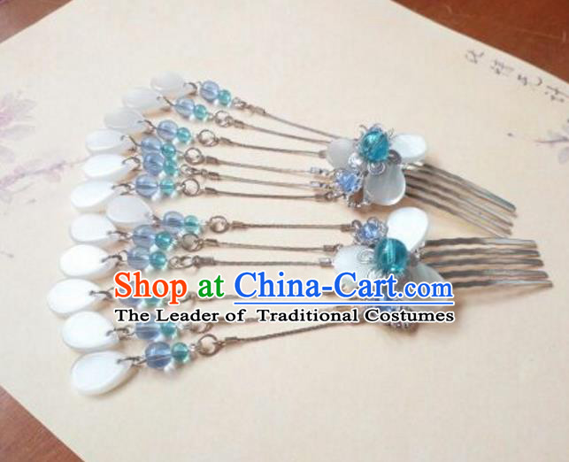 Traditional Chinese Ancient Classical Handmade Hair Accessories Palace Lady Blue Beads Tassel Hairpin, Hanfu Hair Comb Hair Fascinators Hairpins for Women