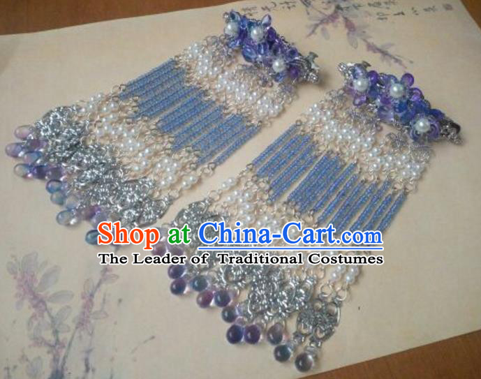 Traditional Chinese Ancient Classical Handmade Palace Lady Hairpin Hair Accessories, Hanfu Blue Tassel Hair Comb Hair Fascinators Hairpins for Women