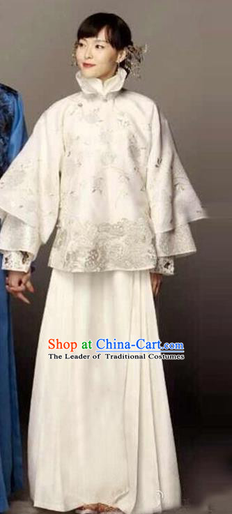 Traditional Ancient Chinese Republic of China Princess Costume White Xiuhe Suit, Elegant Hanfu Clothing Chinese Qing Dynasty Nobility Dowager Clothing for Women