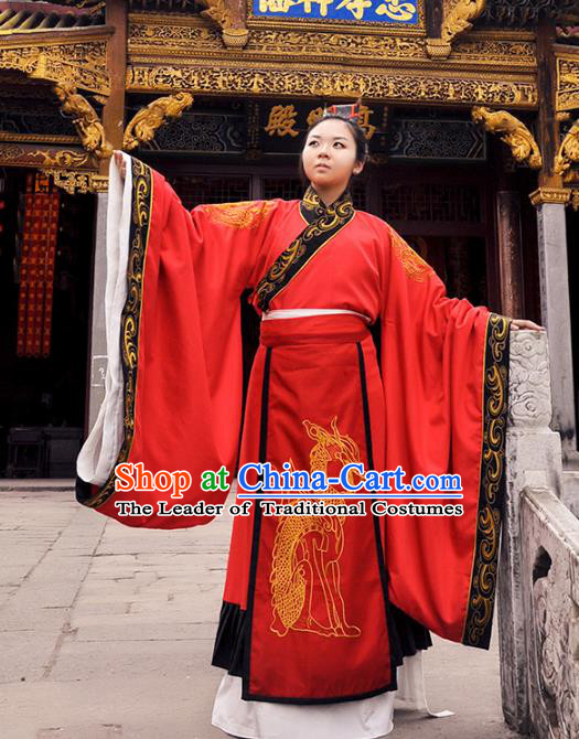 Traditional Chinese Han Dynasty Imperial Emperor Costume Wedding Red Robe, Elegant Hanfu Chinese Majesty Bridegroom Embroidered Clothing for Men