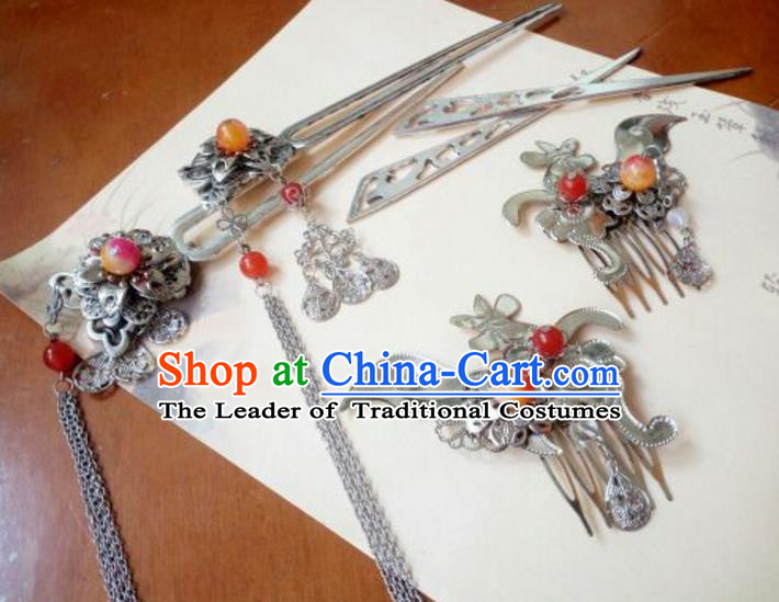 Traditional Chinese Ancient Classical Handmade Palace Princess Hair Comb Hair Accessories Complete Set, Hanfu Tassel Hair Stick Hair Fascinators Hairpins for Women