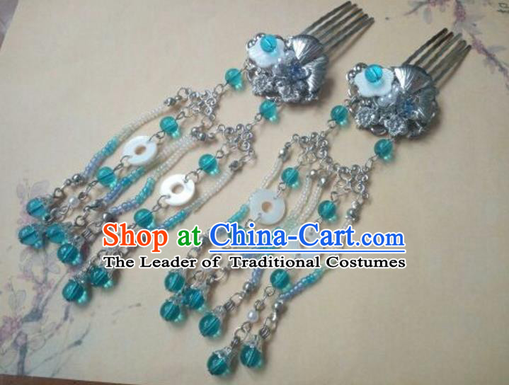 Traditional Handmade Chinese Ancient Classical Palace Lady Hair Accessories Hanfu Blue Tassel Hair Comb, Hair Fascinators Hairpins for Women
