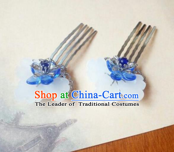 Traditional Handmade Chinese Ancient Classical Hanfu Hair Accessories, Princess Blue Flower Hairpins Hair Comb Headwear for Women