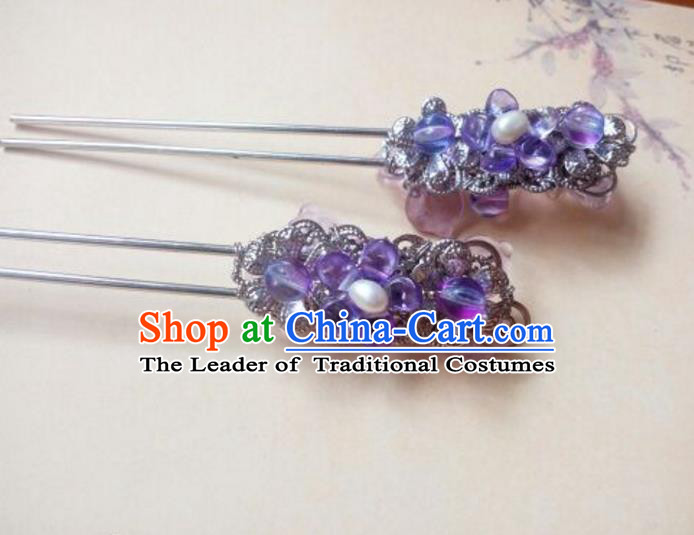 Traditional Handmade Chinese Ancient Classical Hair Accessories Pearl Hairpin Headwear Palace Lady Purple Hair Stick for Women