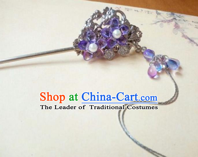 Traditional Handmade Chinese Ancient Classical Hair Accessories Purple Coloured Glaze Hairpins Tassel Step Shake for Women