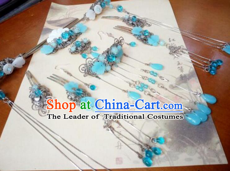 Traditional Handmade Chinese Ancient Classical Hair Accessories Complete Set Hairpins Blue Hair Comb Forehead Ornament for Women