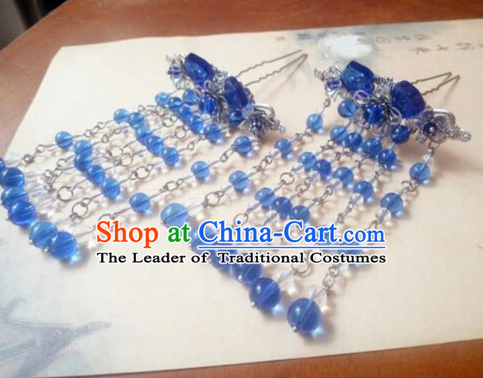 Traditional Handmade Chinese Ancient Classical Hair Accessories Blue Beads Tassel Hairpins Step Shake Headwear for Women