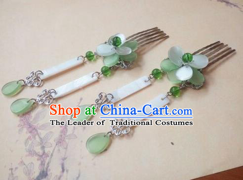 Traditional Handmade Chinese Ancient Classical Hanfu Hair Accessories, Princess Green Tassel Hairpins Hair Comb Headwear for Women