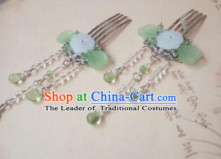 Traditional Handmade Chinese Ancient Classical Hair Accessories Green Jade Tassel Hair Comb for Women