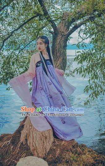 Traditional Chinese Tang Dynasty Palace Lady Fairy Costume Blouse and Embroidery Purple Slip Skirt, Elegant Hanfu Clothing Chinese Ancient Princess Clothing for Women