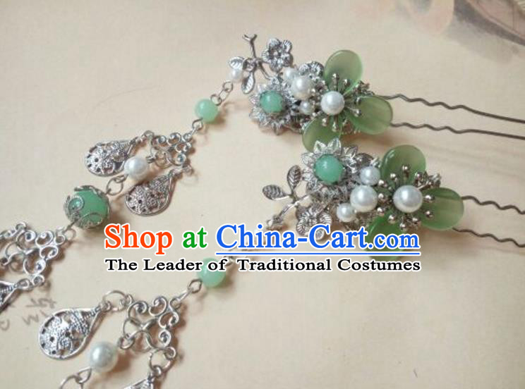 Traditional Handmade Chinese Ancient Classical Hanfu Hair Accessories Green Step Shake, Princess Palace Lady Hairpins Hair Stick for Women