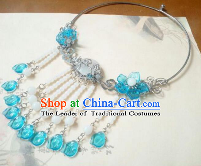 Traditional Handmade Chinese Ancient Classical Hanfu Accessories Necklace, Princess Palace Lady Blue Tassel Necklet Collar for Women