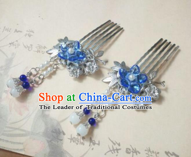 Traditional Handmade Chinese Ancient Classical Hanfu Hair Accessories Blue Flower Hair Comb, Princess Palace Lady Tassel Hairpins for Women