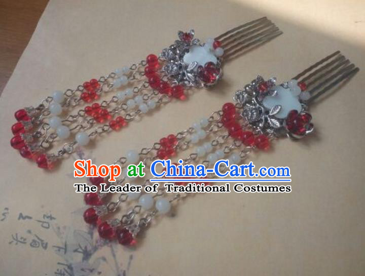 Traditional Handmade Chinese Ancient Classical Hanfu Hair Accessories Tassel Hairpins, Princess Palace Lady Red Tassel Hair Comb for Women