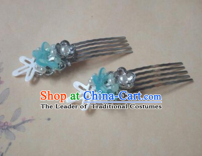 Traditional Handmade Chinese Ancient Classical Hanfu Hair Accessories Blue Hairpins, Princess Headpiece Hair Comb for Women
