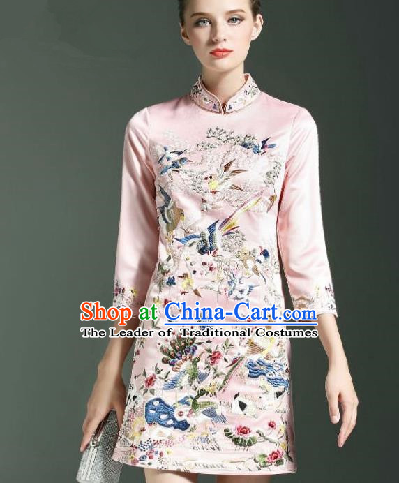 Traditional Top Grade Asian Chinese Costumes Classical Embroidery Cheongsam, China National Middle Sleeve Chirpaur Dress Pink Qipao for Women
