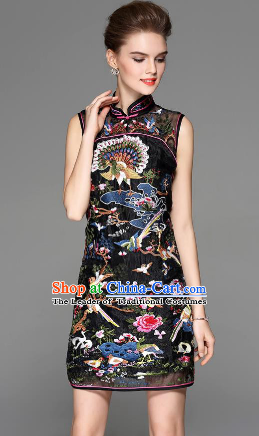Traditional Top Grade Asian Chinese Costumes Classical Embroidery Cheongsam, China National Black Chirpaur Dress Qipao for Women