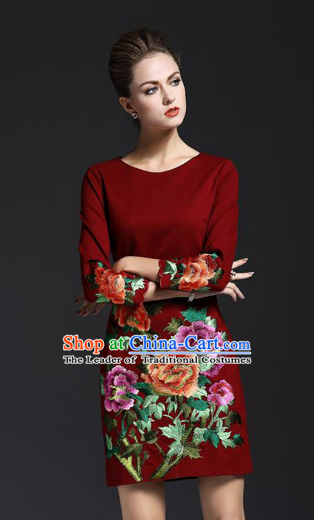 Top Grade Asian Chinese Costumes Classical Embroidery Peony Dress, Traditional China National Wine Red Chirpaur Qipao for Women