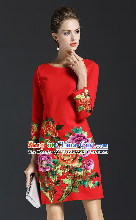 Top Grade Asian Chinese Costumes Classical Embroidery Peony Dress, Traditional China National Red Chirpaur Qipao for Women