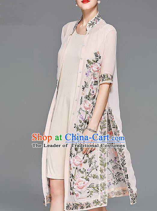 Traditional Top Grade Asian Chinese Costumes Classical Embroidery Peony Pink Cardigan and Dress, China National Chirpaur Clothing Qipao for Women