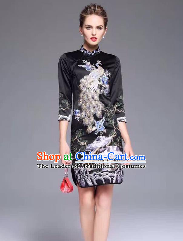 Top Grade Asian Chinese Costumes Classical Embroidery Peacock Cheongsam, Traditional China National Middle Sleeve Chirpaur Plated Buttons Black Qipao for Women