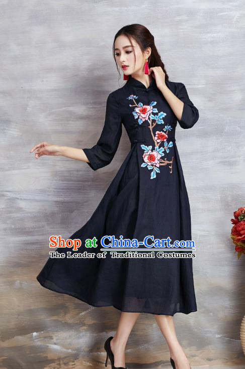 Top Grade Asian Chinese Costumes Classical Embroidery Peony Slant Opening Navy Cheongsam, Traditional China National Plated Buttons Chirpaur Dress Qipao for Women